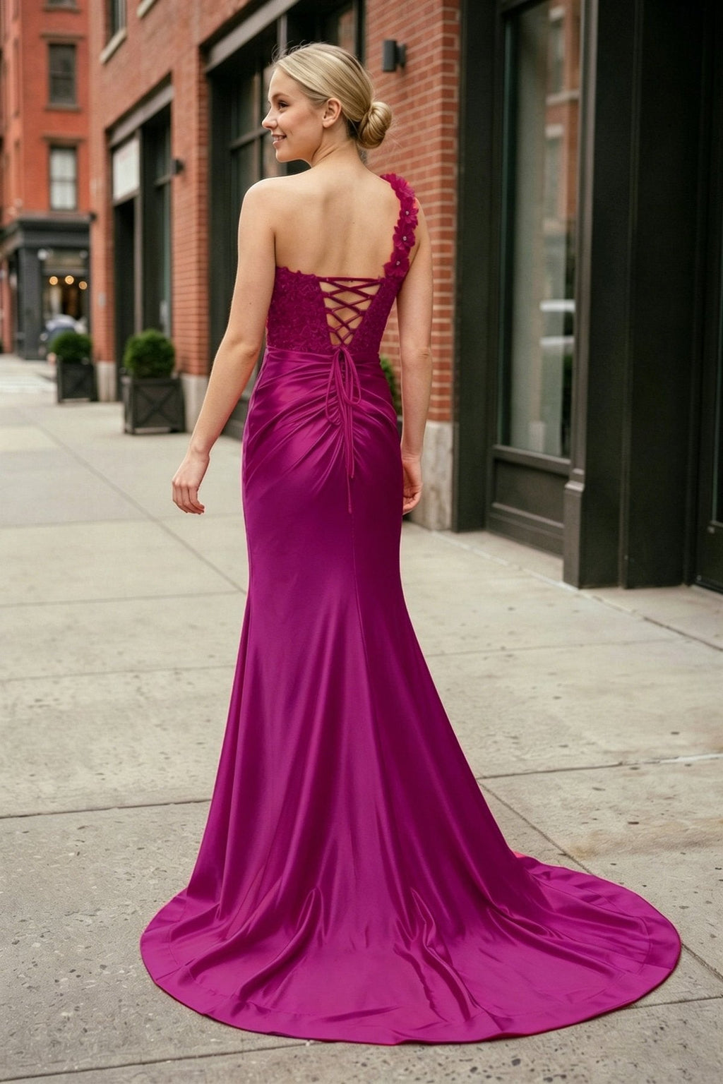 Red One-Shoulder 3D Floral Lace Pleated Long Gown with Slit - Curvevia