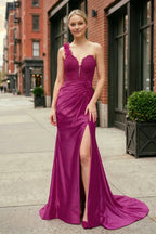 Red One-Shoulder 3D Floral Lace Pleated Long Gown with Slit - Curvevia