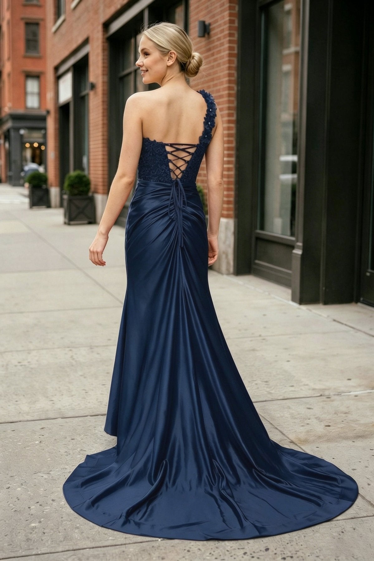 Red One-Shoulder 3D Floral Lace Pleated Long Gown with Slit - Curvevia