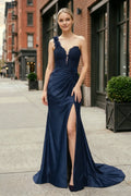 Red One-Shoulder 3D Floral Lace Pleated Long Gown with Slit - Curvevia