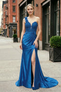 Red One-Shoulder 3D Floral Lace Pleated Long Gown with Slit - Curvevia