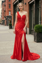 Red One-Shoulder 3D Floral Lace Pleated Long Gown with Slit - Curvevia