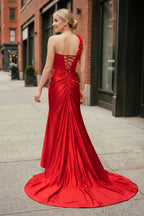 Red One-Shoulder 3D Floral Lace Pleated Long Gown with Slit - Curvevia