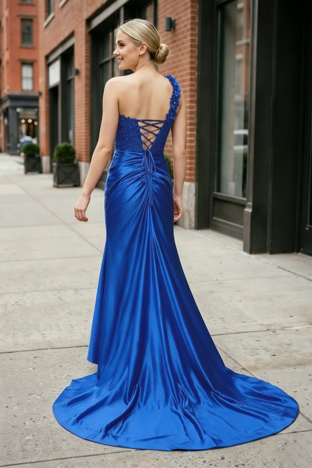 Red One-Shoulder 3D Floral Lace Pleated Long Gown with Slit - Curvevia