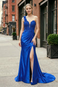 Red One-Shoulder 3D Floral Lace Pleated Long Gown with Slit - Curvevia