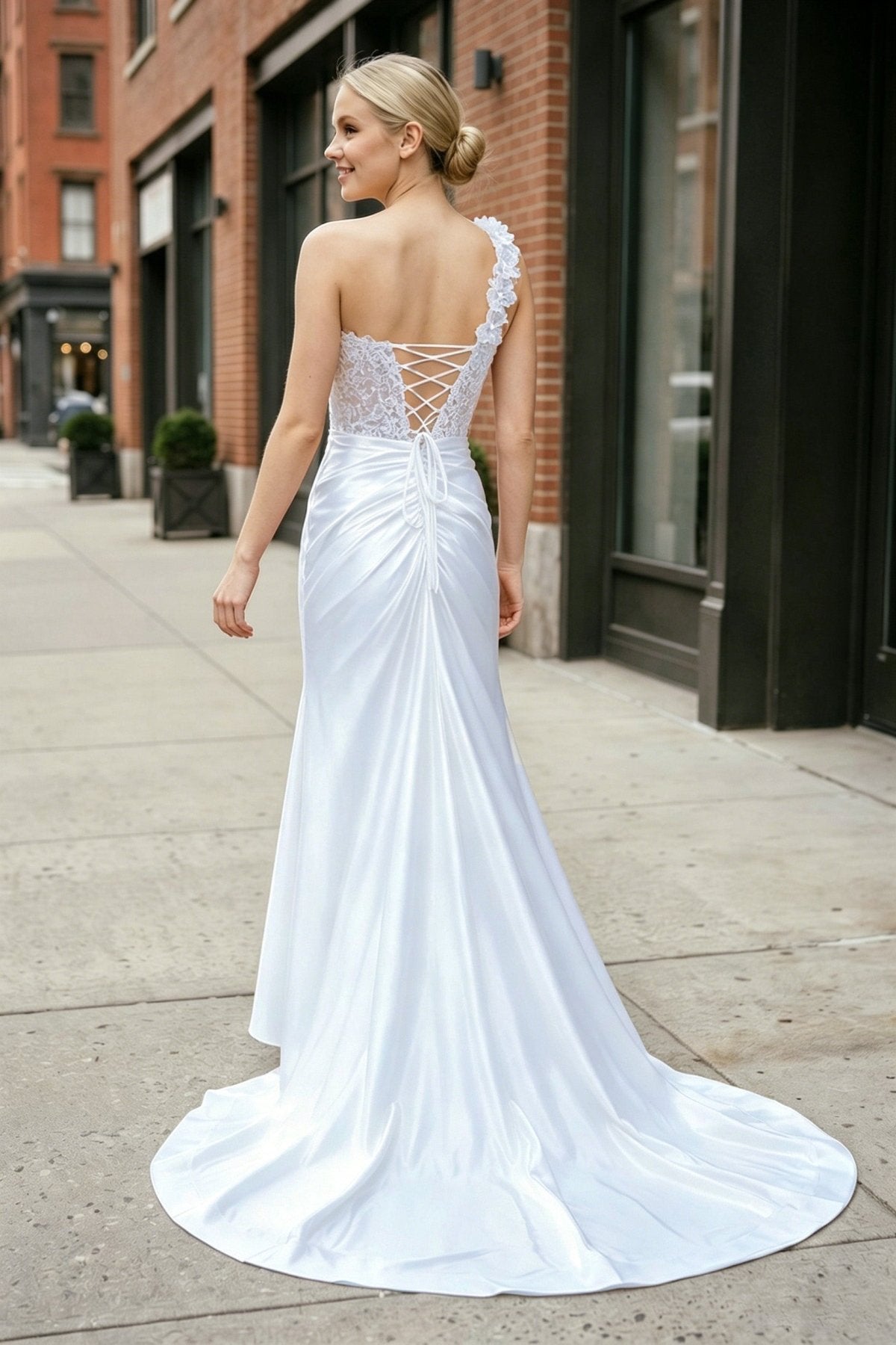 Red One-Shoulder 3D Floral Lace Pleated Long Gown with Slit - Curvevia