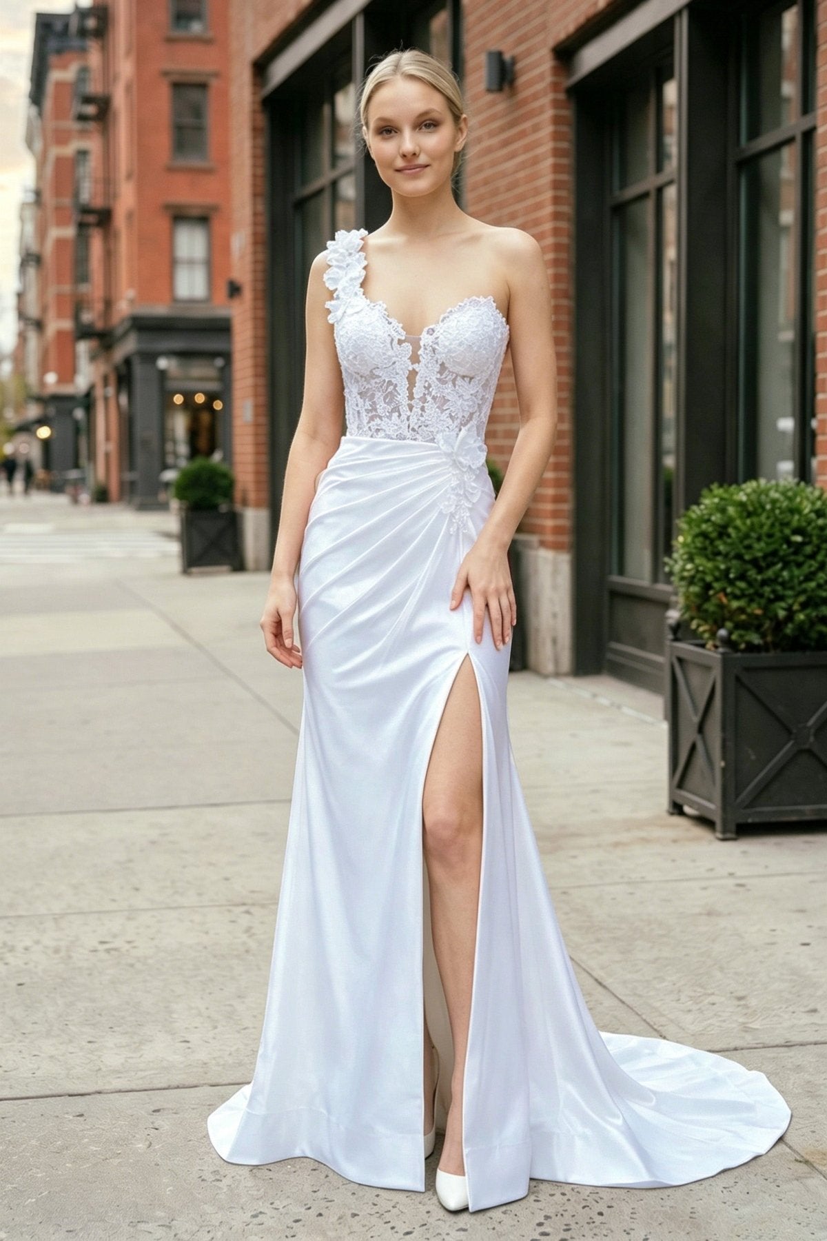 Red One-Shoulder 3D Floral Lace Pleated Long Gown with Slit - Curvevia