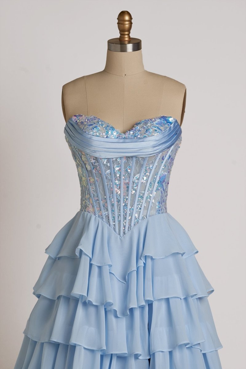 Sky Blue Sweetheart A Line Chiffon Ruffled Long Wedding Guest Dress With Sequins - Curvevia