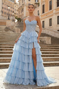 Sky Blue Sweetheart A Line Chiffon Ruffled Long Wedding Guest Dress With Sequins - Curvevia
