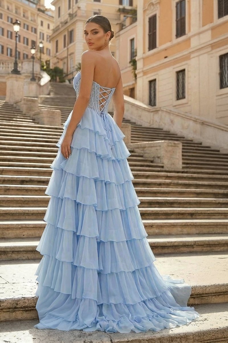 Sky Blue Sweetheart A Line Chiffon Ruffled Long Wedding Guest Dress With Sequins - Curvevia