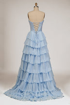 Sky Blue Sweetheart A Line Chiffon Ruffled Long Wedding Guest Dress With Sequins - Curvevia