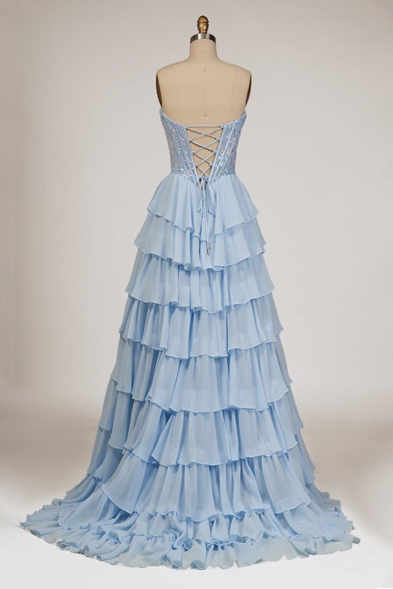 Sky Blue Sweetheart A Line Chiffon Ruffled Long Wedding Guest Dress With Sequins - Curvevia