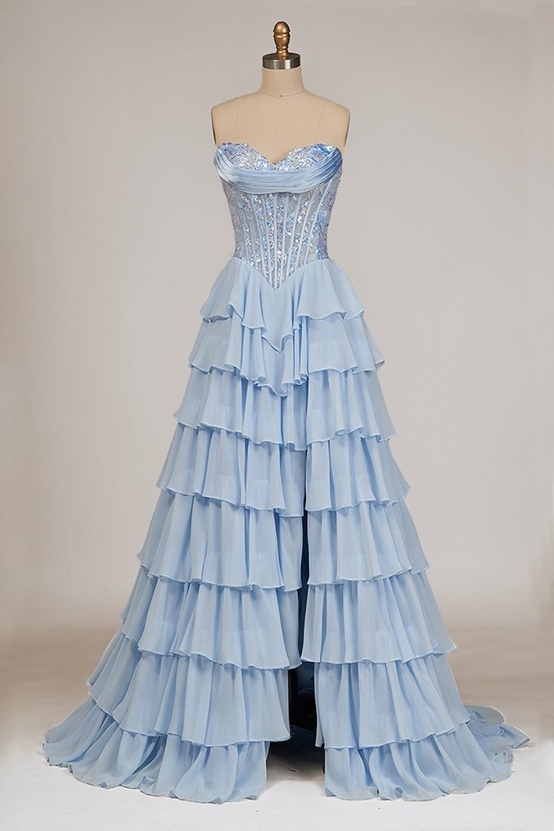 Sky Blue Sweetheart A Line Chiffon Ruffled Long Wedding Guest Dress With Sequins - Curvevia