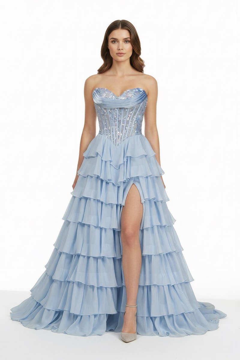 Sky Blue Sweetheart A Line Chiffon Ruffled Long Wedding Guest Dress With Sequins - Curvevia