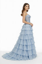 Sky Blue Sweetheart A Line Chiffon Ruffled Long Wedding Guest Dress With Sequins - Curvevia