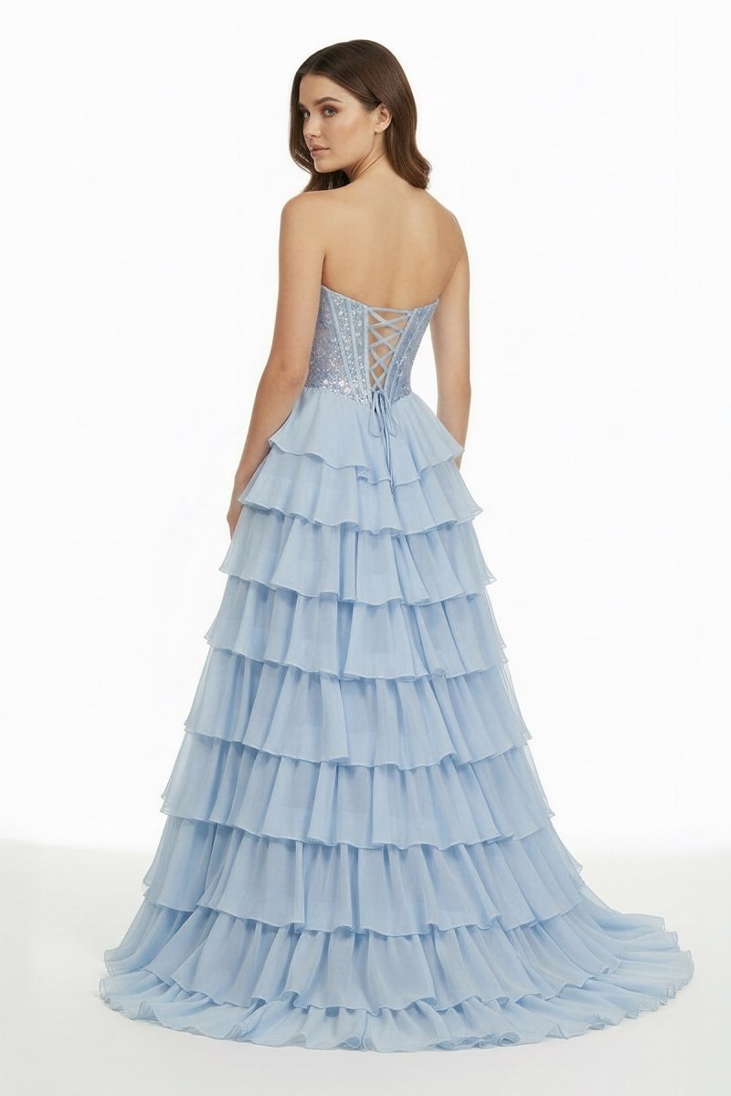 Sky Blue Sweetheart A Line Chiffon Ruffled Long Wedding Guest Dress With Sequins - Curvevia