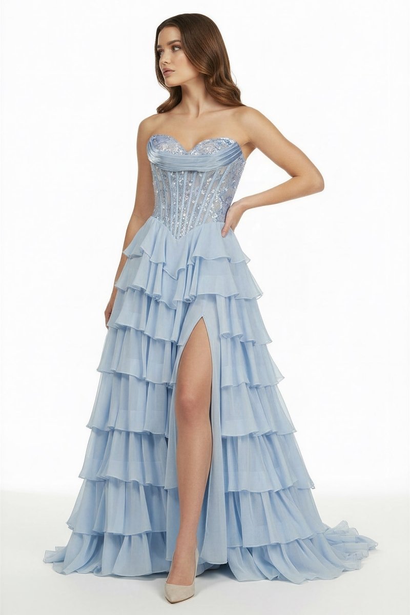Sky Blue Sweetheart A Line Chiffon Ruffled Long Wedding Guest Dress With Sequins - Curvevia