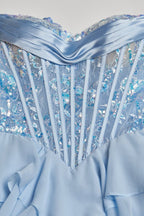 Sky Blue Sweetheart A Line Chiffon Ruffled Long Wedding Guest Dress With Sequins - Curvevia