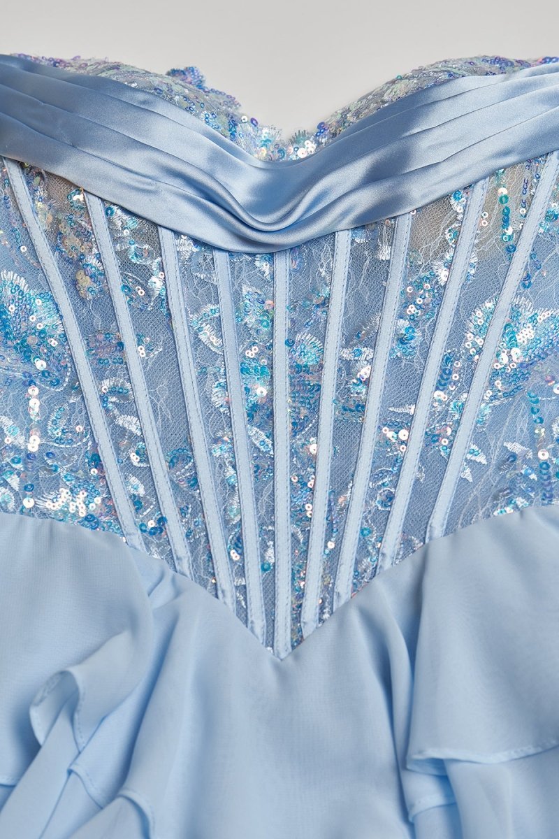 Sky Blue Sweetheart A Line Chiffon Ruffled Long Wedding Guest Dress With Sequins - Curvevia