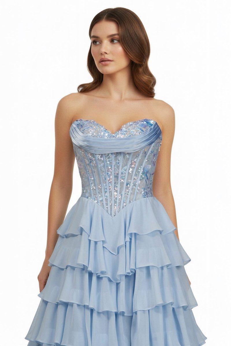 Sky Blue Sweetheart A Line Chiffon Ruffled Long Wedding Guest Dress With Sequins - Curvevia