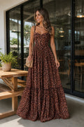 Leopard - Spaghetti Straps A Line Chiffon Wedding Guest Dress With Ruffles - Curvevia