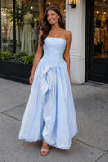 Sky Blue - Strapless A Line Satin Pleated Wedding Guest Dress With Slit - Curvevia