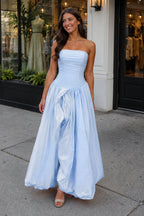 Sky Blue - Strapless A Line Satin Pleated Wedding Guest Dress With Slit - Curvevia