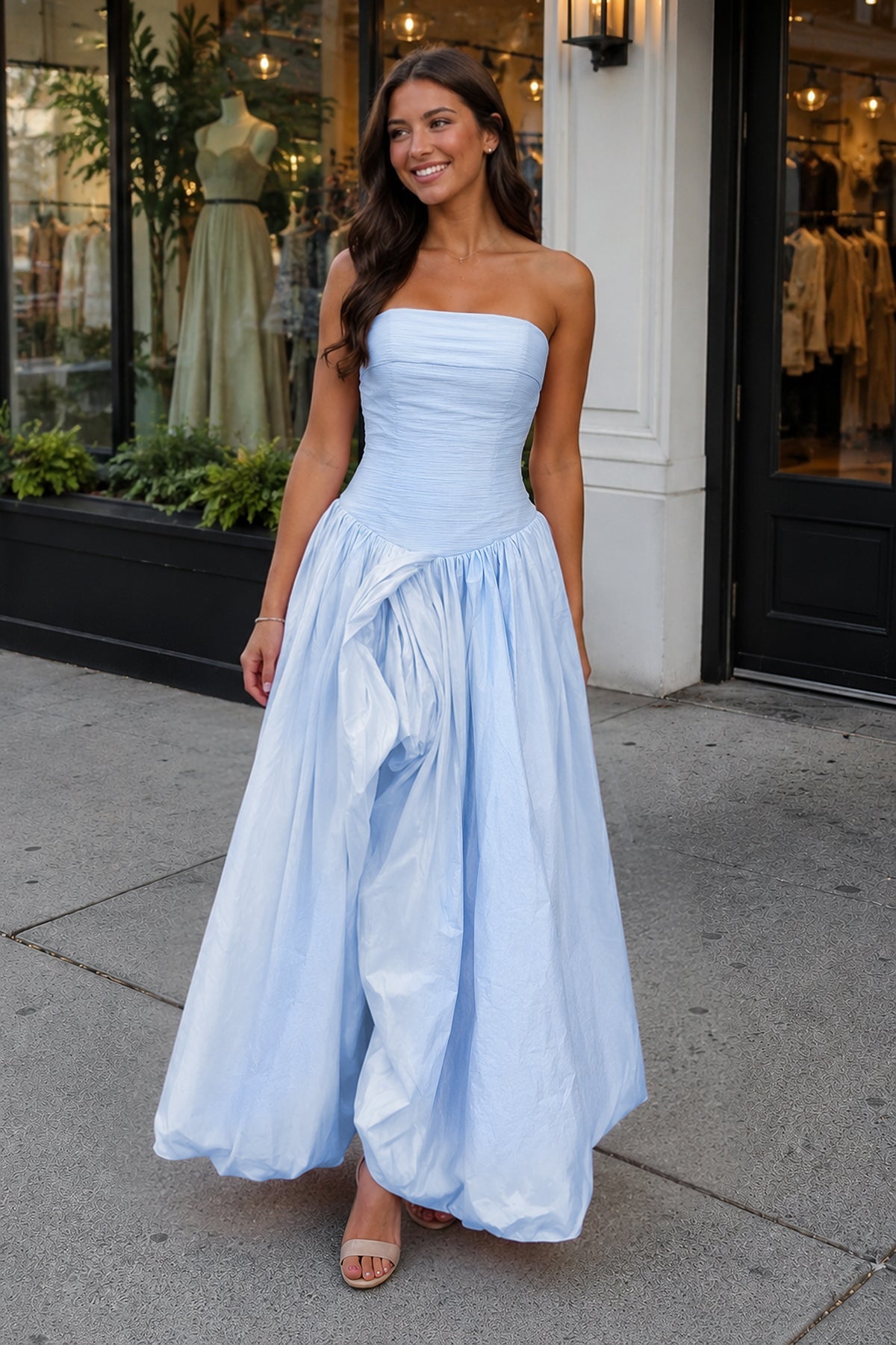 Sky Blue - Strapless A Line Satin Pleated Wedding Guest Dress With Slit - Curvevia