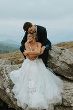 Marvelous V-neck A-Line Wedding Dress Tulle Appliques Rustic Wedding Dress - Curvevia