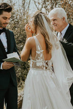 Marvelous V-neck A-Line Wedding Dress Tulle Appliques Rustic Wedding Dress - Curvevia