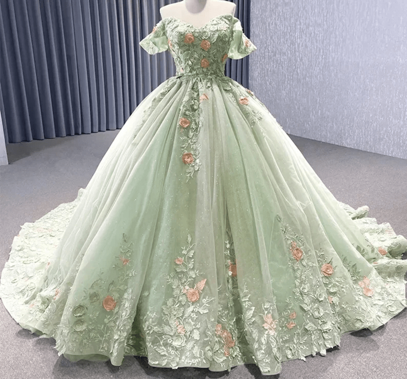 Sage Green Off The Shoulder Lace Up Back Ball Gown Quinceanera Dress - Curvevia