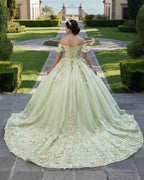 Sage Green Off The Shoulder Lace Up Back Ball Gown Quinceanera Dress - Curvevia