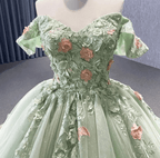 Sage Green Off The Shoulder Lace Up Back Ball Gown Quinceanera Dress - Curvevia