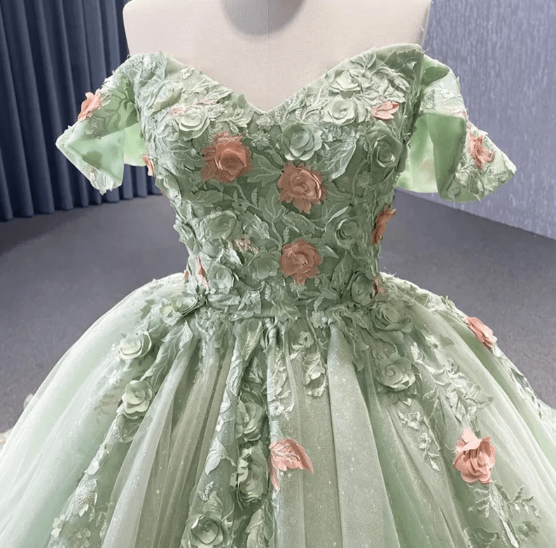 Sage Green Off The Shoulder Lace Up Back Ball Gown Quinceanera Dress - Curvevia