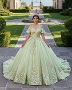 Sage Green Off The Shoulder Lace Up Back Ball Gown Quinceanera Dress - Curvevia