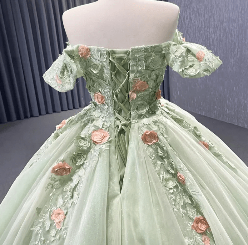 Sage Green Off The Shoulder Lace Up Back Ball Gown Quinceanera Dress - Curvevia