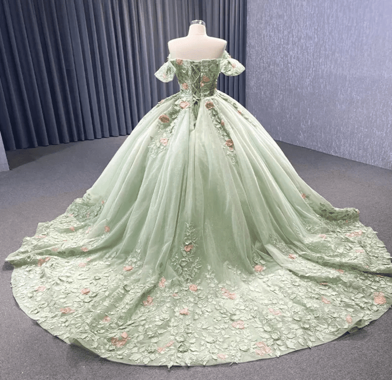 Sage Green Off The Shoulder Lace Up Back Ball Gown Quinceanera Dress - Curvevia