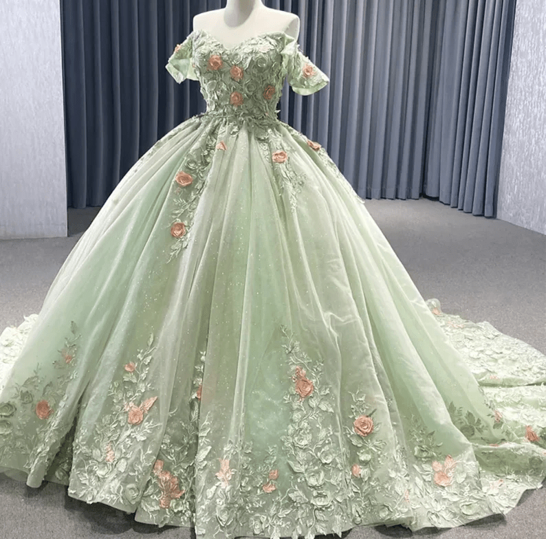 Sage Green Off The Shoulder Lace Up Back Ball Gown Quinceanera Dress - Curvevia