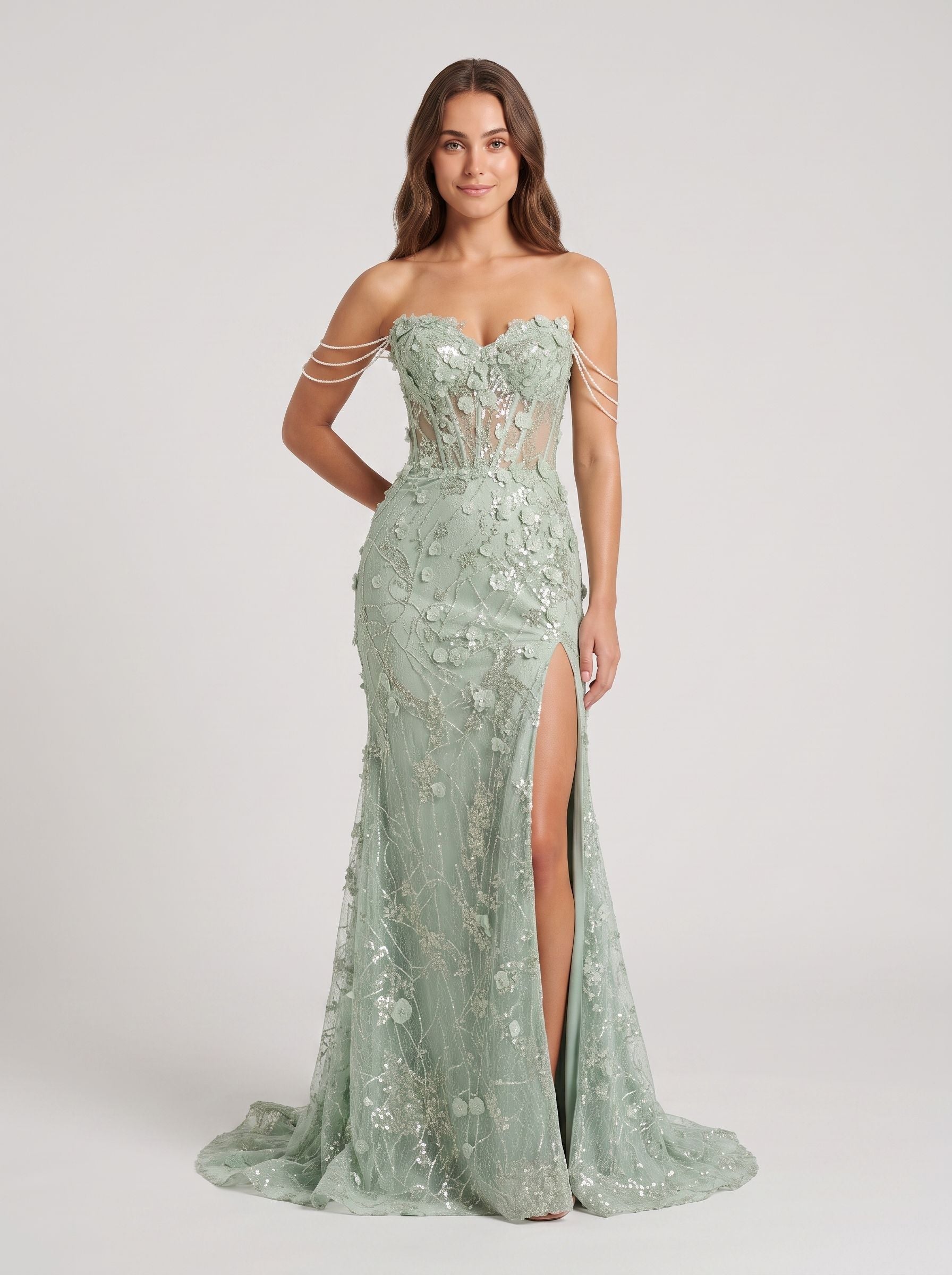 Green Tulle Sheath Sweetheart Back Zip Floor-Length Dress with Beaded Sequins - Curvevia