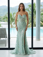 Green Tulle Sheath Sweetheart Back Zip Floor-Length Dress with Beaded Sequins - Curvevia