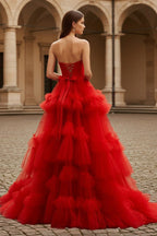 Red A-Line Strapless Ruffled Tulle Wedding Guest Dress - Curvevia