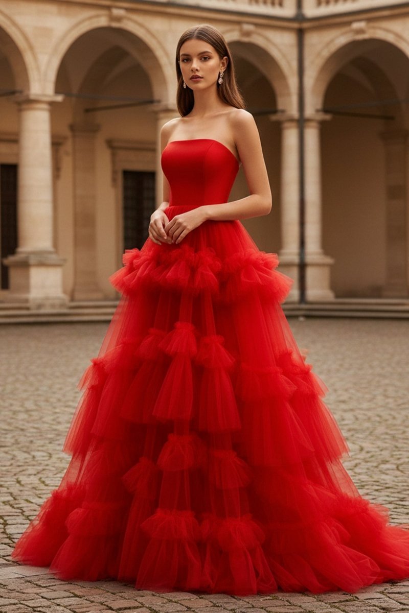 Red A-Line Strapless Ruffled Tulle Wedding Guest Dress - Curvevia