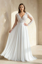 Mature Floral Long Sleeve A-Line Lace Wedding Dress - Curvevia