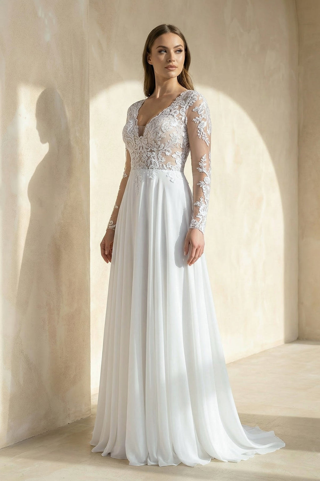 Mature Floral Long Sleeve A-Line Lace Wedding Dress - Curvevia