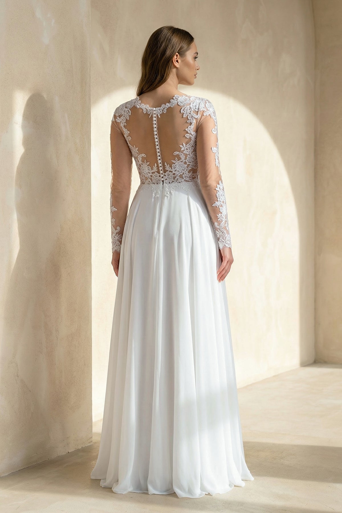 Mature Floral Long Sleeve A-Line Lace Wedding Dress - Curvevia