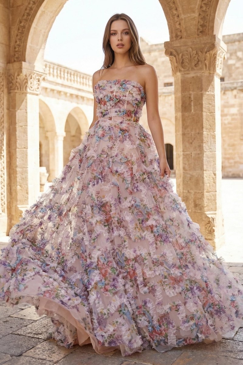 A-Line Strapless Floral Print Ruffle Long Prom Dress with Slit - Curvevia