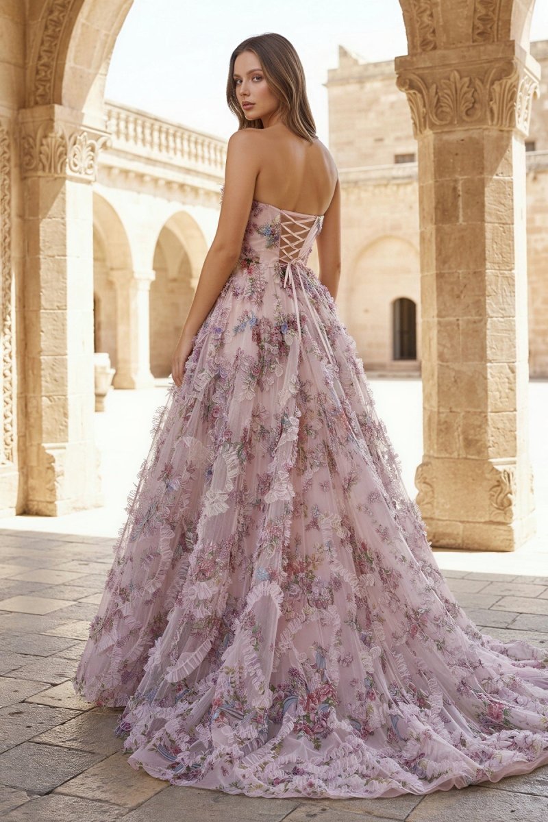 A-Line Strapless Floral Print Ruffle Long Prom Dress with Slit - Curvevia