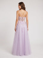 Lilac Tulle A-Line Sweetheart Criss-Cross Straps Floor-Length Dress with Beaded Florals - Curvevia