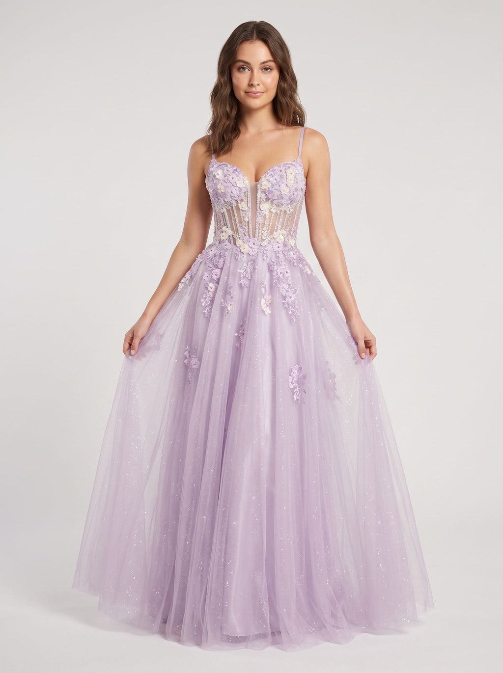 Lilac Tulle A-Line Sweetheart Criss-Cross Straps Floor-Length Dress with Beaded Florals - Curvevia