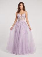 Lilac Tulle A-Line Sweetheart Criss-Cross Straps Floor-Length Dress with Beaded Florals - Curvevia
